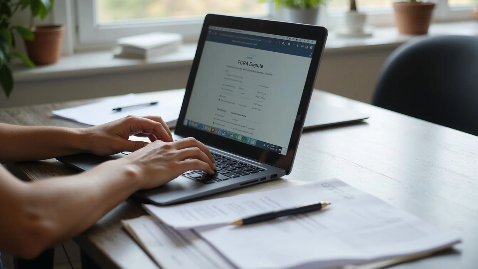 Person filling out FCRA dispute form on laptop at home