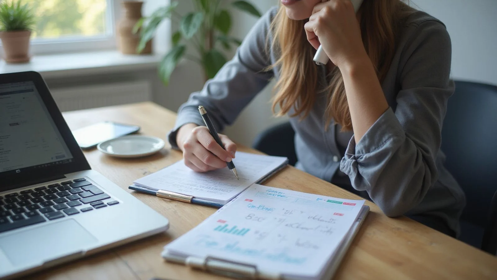 Person on phone negotiating a debt with notepad of figures