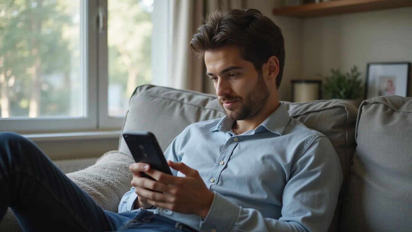 Renter reading answers on phone at home