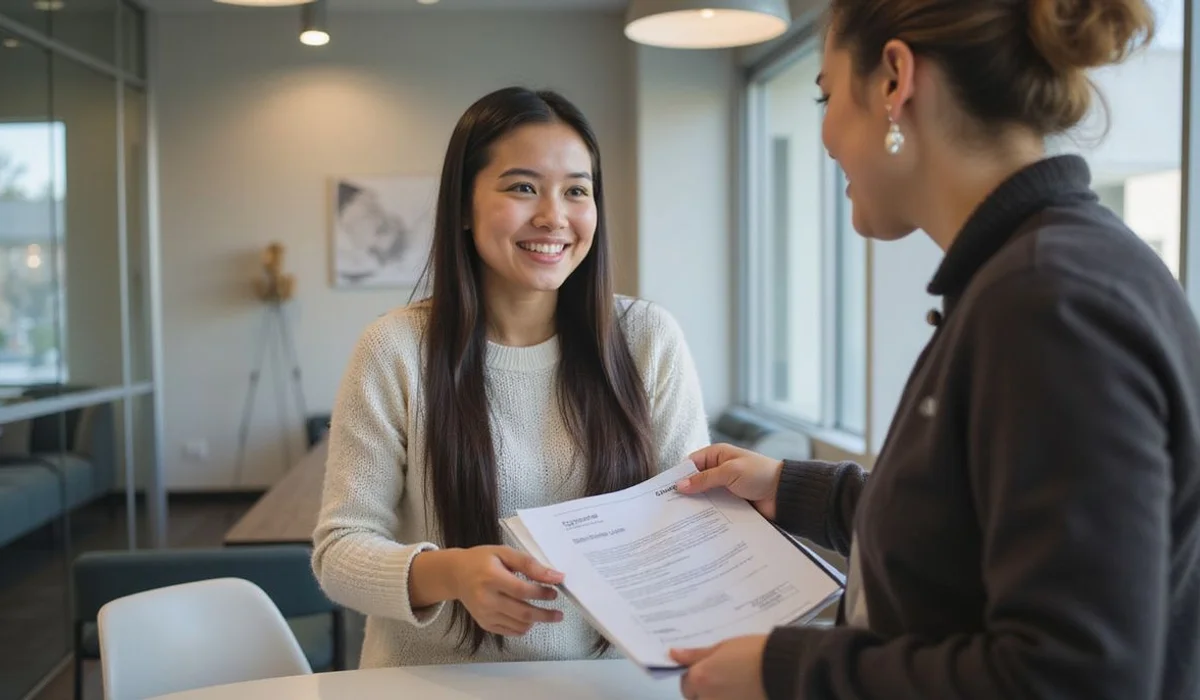 Renter handing documentation to leasing agent