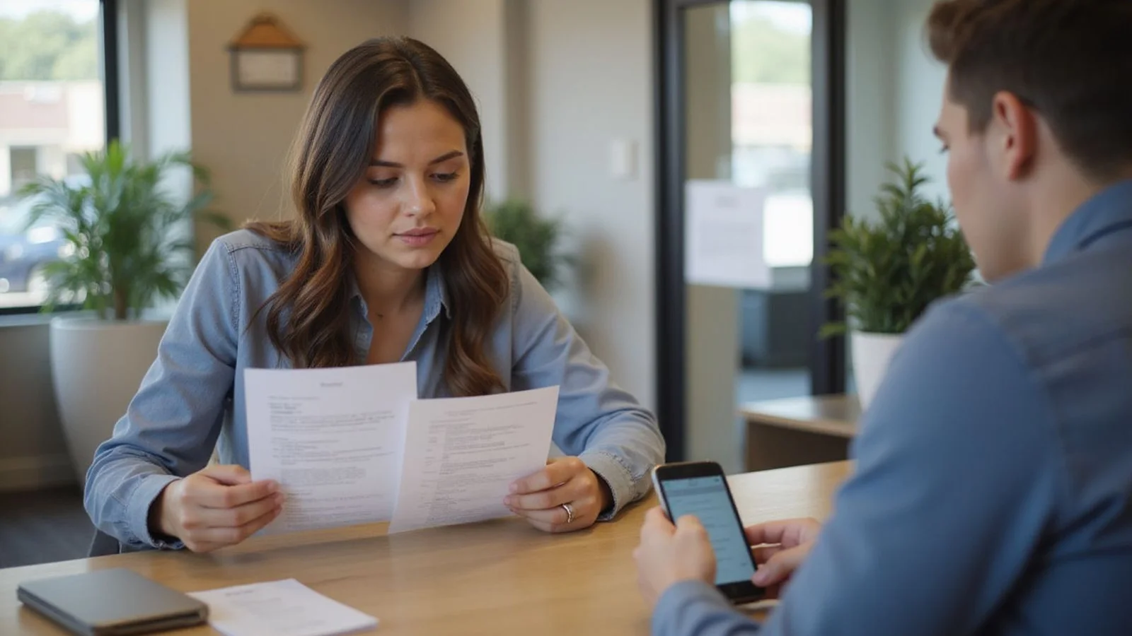 Renter reviewing lease fee schedule at leasing office