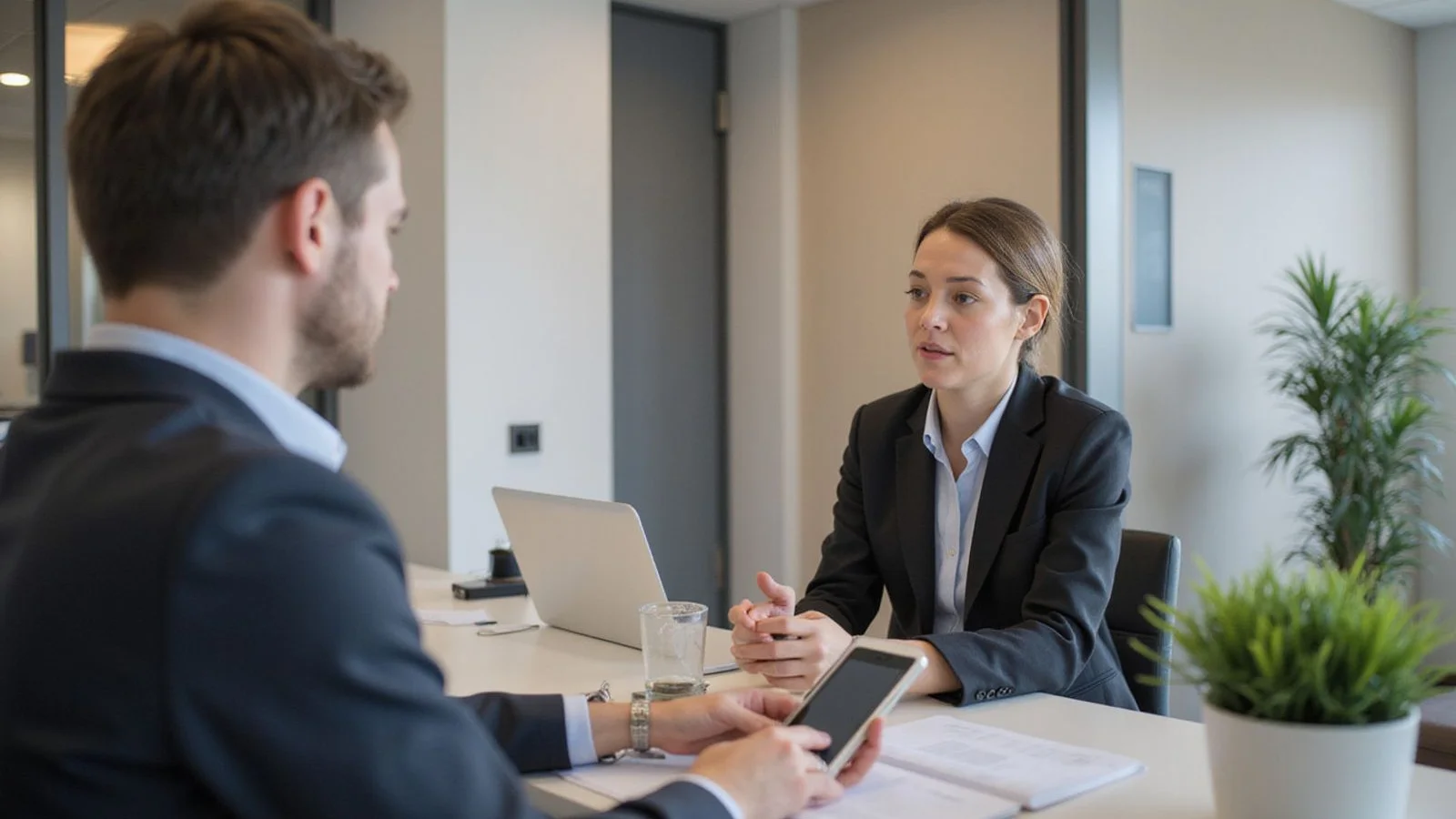 Renter talking with leasing agent at office