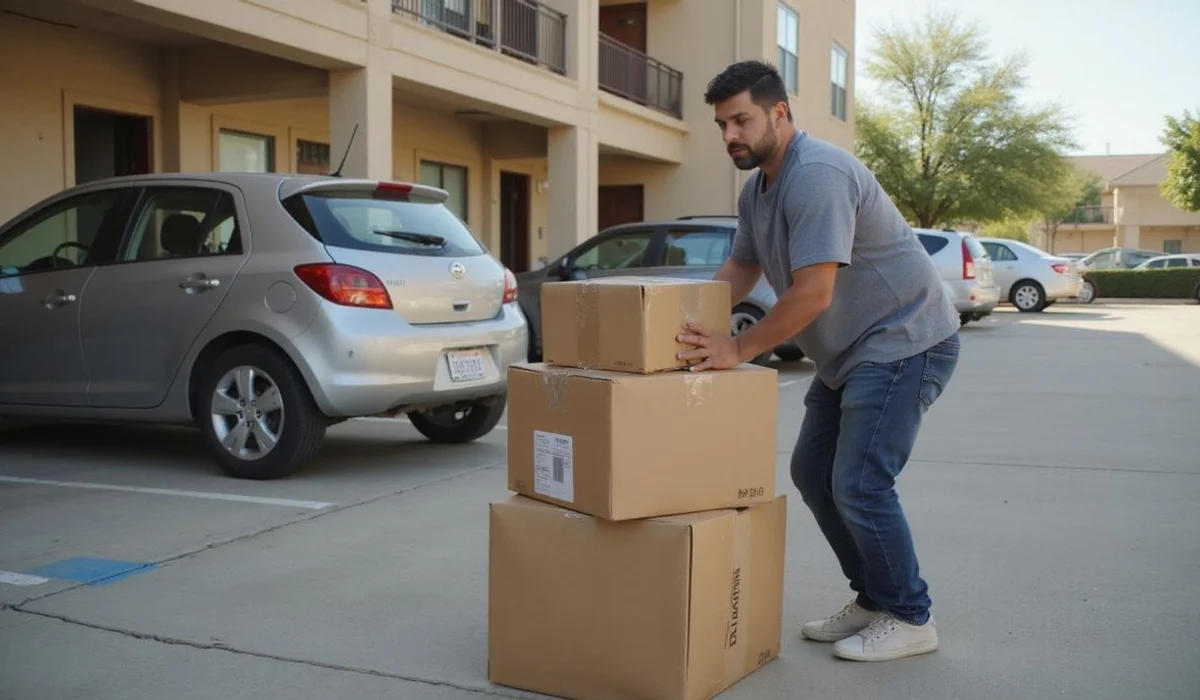 Renter with moving boxes in Texas apartment parking lot