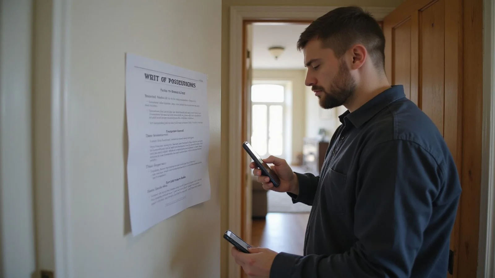 Tenant reading writ of possession notice at door